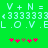 Green background with light blue pixelated text and symbols, including 'V+N=', '3', 'L.O.V.EL', and pink/brown asterisks.