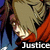 Pixelated image of a person in an orange jumpsuit holding a glowing object with 'Justice' text below.