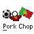 Pixelated icon shows a figure in red shirt with gold chain holding soccer ball and flag, below text 'Pork Chop' on gray background.