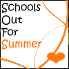 Static icon with black and orange text reading 'Schools Out For Summer' and an orange heart-shaped graphic connected by curved lines on a white background.
