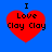 Four red heart shapes on a blue background, each containing black text reading "I Love Clay Clay" with varying pixelation levels.