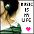 Pixelated image of a person with long hair wearing headphones and green clothing, featuring text "MUSIC IS MY LIFE" and a pink heart symbol.