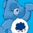 Pixelated blue Care Bear character with raised arm and heart symbol on chest next to "Care Bears" text on solid blue background