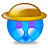 Blue spherical character with golden hat, purple eyes, and white circular cheeks, shown in three with subtle facial expression changes