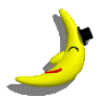 Yellow banana-shaped character with black top hat, red mouth, and closed eyes, shown in six sequential poses against gray background.