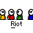 Animated contact sheet of 18 AIM buddy icon frames showing a sequence of stick-figure characters in various poses with repeated "Riot" text below each frame.