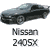 Pixelated image of a dark-colored sedan with light blue accents on the hood and roof, positioned above two lines of pixelated text reading "Nissan" and "240SX" against a gray background.