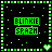 A 5-frame animated contact sheet of a green and black pixel-art buddy icon with text elements, heart symbol, and glitch effects across frames.