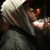 Pixelated image of a hooded figure holding a cup, with yellow text reading "Russell -m- Maryanne" and "'fully full' 01-26-08" on black background.