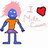 Pixelated character with blue skin, pink hair, orange shirt, purple skirt; red heart symbol and faded text 'I [heart] M' on white background.