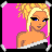Pixel art contact sheet of a blonde female character in two poses with text on pink background, framed by white corner brackets.