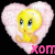Yellow cartoon bird with blue eyes sits inside pink heart-shaped background, surrounded by pixelated text overlays.