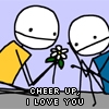 Two stick figures with white heads and black eyes stand against a light purple background; one offers a white flower with green leaves to the other while text reads "CHEER UP, I LOVE YOU" below.