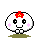 Four pixel-art frames of a white round character with red flower, pink cheeks, and black eyes showing subtle pose/expression changes across animation.