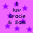 Purple background with scattered purple stars and repeated text "I luv Gracie & Sam" in black pixelated font.