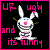 Pixelated bunny with pink and blue accents surrounded by pixelated text on a black background.