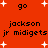 Red background with white plus signs and repeated black text 'go', 'jackson', 'jr midigets' in pixelated font.