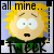 Pixelated cartoon character with blonde hair and green shirt, text above reads 'all mine...' in black block letters.