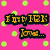 Pixelated text on a pink background with green dots and a dark blue background with pink flames.