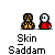 Pixel art animation of two figures interacting, one with brown hair and red clothing, the other with white hair and red clothing, against a gray background with "Skin Saddam" text below.