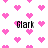 Pixelated pink hearts and the word 'Clark' repeated on a white background with no visible animation changes.