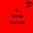 Red background with black pixelated text and a heart symbol; two identical side-by-side arrangements of 'i love jackie' below the heart.