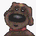 Pixelated brown dog with red collar in nine positions showing mouth and eye variations