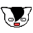 Pixelated cartoon head with black and white coloring, red mouth, and four distinct eye expressions arranged in a