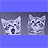Two pixelated cat faces side-by-side on a gray background with blue borders, each with white and dark gray fur patterns.