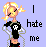 Pixel art buddy icon of a cartoon character with blonde hair wearing a black shirt featuring a white skull, standing against a light purple background with the text "I hate me" in pixelated font.