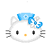 Pixelated white cat face with black eyes, orange nose, and whiskers; blue hat with snowflake design and matching bow on right side.