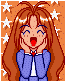 Pixel art of a character with long orange hair, blue eyes, and a blue jacket with red bow tie, shown in two expressions against starry and plain backgrounds.