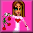 Pixelated image of a woman holding roses with text stating 'he holds my heart he broke my heart' on pink background.