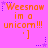 A static image with bright pink background displays orange text reading "Weesnow in a unicorn!!!" and an orange emoticon "]", surrounded by purple star symbols.