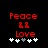 Red pixelated text "Peace" and "Love" with two red double vertical lines above a of white and gray plus signs on black background