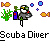 Pixel art scuba diver buddy icon with animated bubbles and fish, promotional text for badassbuddy.com