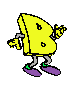 Yellow letter B character with purple shoes and green ankle accents performing a sequence of animated poses against gray background.