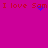 A static image with a solid magenta background displays red text reading "I love Sam" repeated twice, each instance accompanied by blue pixel clusters near the word "Sam."