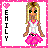Pixel art of a blonde female character with green eyes wearing a white top and pink skirt, framed by a pink border with heart symbol.