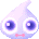 A 4-frame animated contact sheet showing a pixelated purple teardrop-shaped character with large blue eyes and pink mouth, transitioning from solid form to scattered particles against gray background.