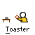 Animated sequence showing a yellow-shirted figure interacting with a toaster, progressing from placing bread to flames erupting.