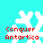 Four identical pixelated snowflakes with red text 'Conquer Antarctica' on a cyan background, arranged in a