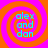 Four identical spiral patterns with orange and magenta concentric circles, each containing cyan text reading 'alex and dan' in a pixelated font.