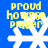 Blue background with yellow text 'proud howrse player' above white snowflake symbols, two variations of the symbol's arms visible.