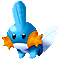 Blue cartoon amphibian with orange cheek patches and white fins, shown in a of 12 expressions including open eyes, closed eyes, and squinting