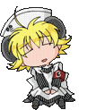 Pixel art character with blonde hair and sailor hat in three poses showing closed eyes, open mouth, and neutral expression.