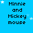 Blue background with repeated 'Minnie and Mickey mouse' text in black pixelated font, scattered white stars of varying sizes.