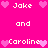 Pixelated text and pink hearts on a bright pink background, with names 'Jake' and 'Caroline' repeated in white pixel font.