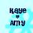 Four identical pixelated icons display 'Kaye' above a heart symbol and 'Amy' below it, set against a light blue snowflake background.