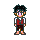 Pixel art character with dark spiky hair, pink eyes, white shirt, red vest, brown shorts, and bare feet in nine static poses.
